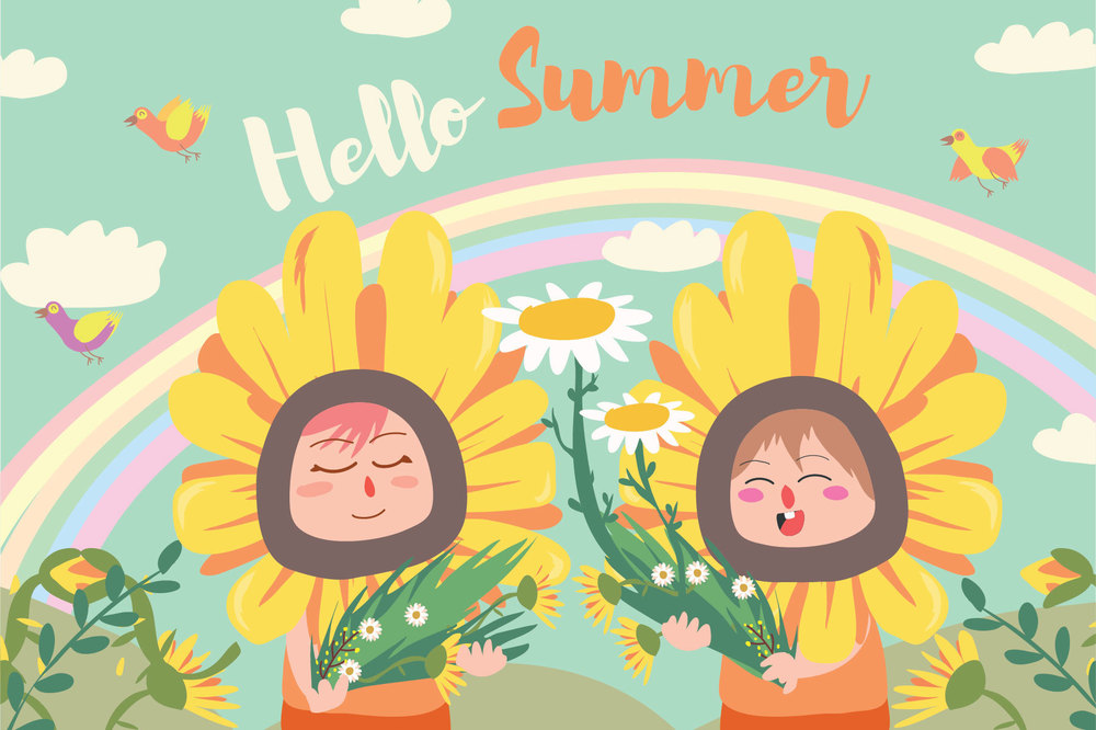 Hello Summer with rainbows and flowers