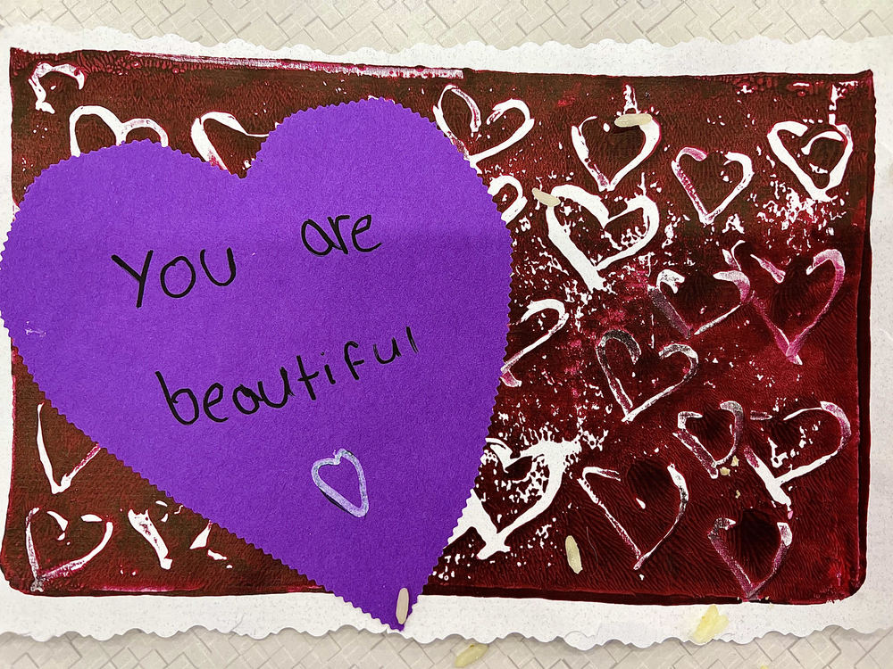 Monoprint Valentine made in Grace Mayer's class