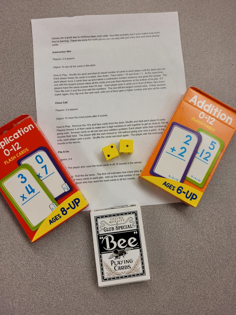 Dice, cards, and flashcards given to students