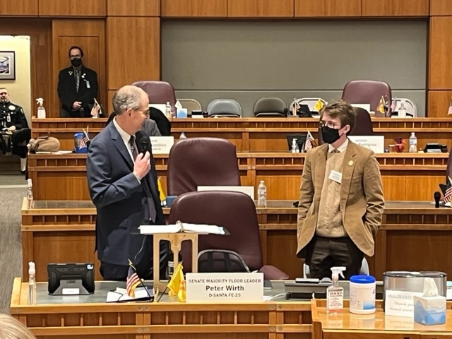 Senate Majority Leader Peter Wirth introducing Aengus McGuiness on the Senate floor
